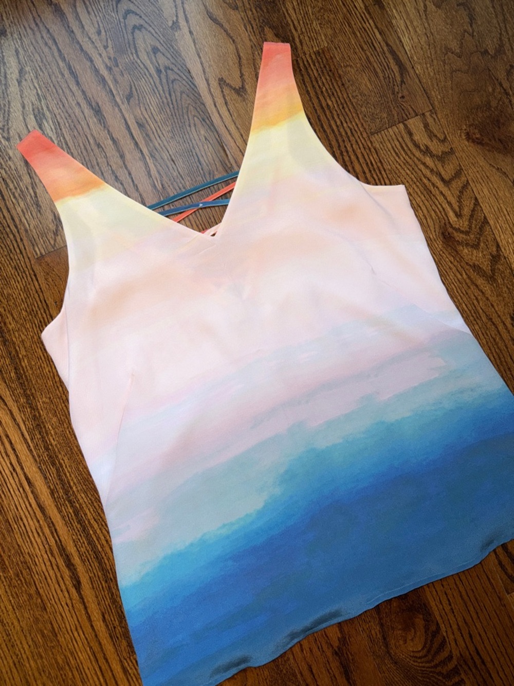 Ecru Sleeveless Ombre Strappy Back Tank Top - Sunset Gradient - Silk - SM